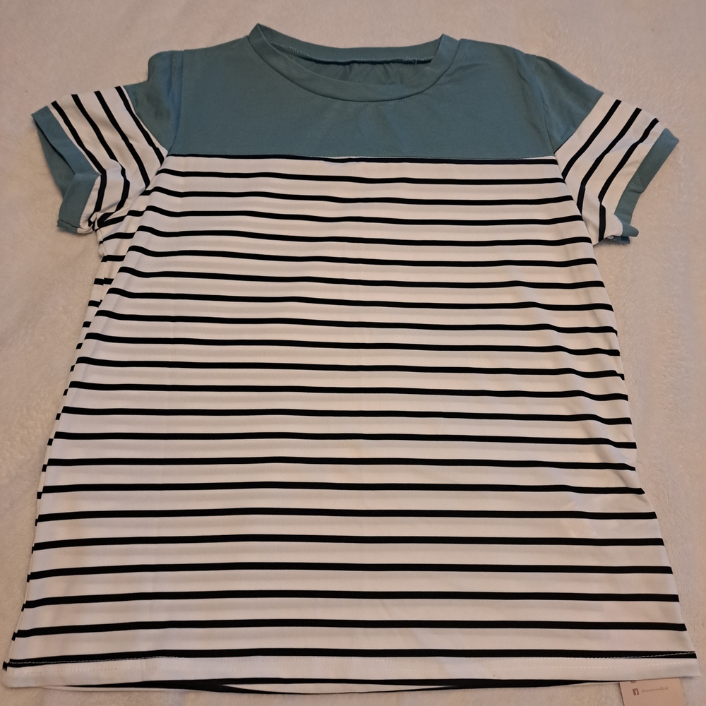 Teal Yoke Striped Short Sleeve Tee - Casual Everyday Top